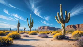 Cactus Landscape with Desert Flowers Under Blue Sky and Cloudscape photo
