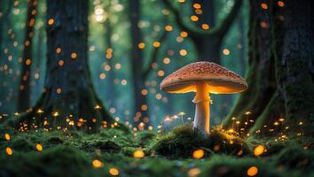 Mushroom Glowing in Forest with Moss and Magical Light Effects photo