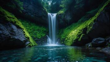 Waterfall Flowing Into Clear Pool with Green Mossy Rocks Surround photo