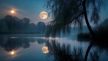 Lake Reflecting Moon Under Misty Sky with Overhanging Weeping Willow photo
