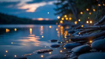 Tranquil Evening Lake with Rocks and Sparkling Lights Reflection photo