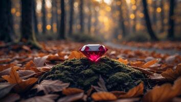 Gemstone on Moss in Autumn Forest with Falling Leaves photo