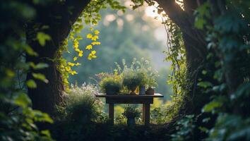 Plants Arranged on Table in Lush Green Garden Setting at Sunset photo