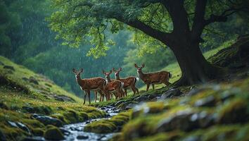 Deer Standing Near Stream Underneath a Tree During Rainy Weather photo