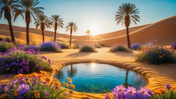 Oasis in Desert with Palm Trees, Flowers, and Water Reflection photo