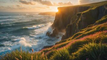 Ocean Cliffside with Breaking Waves and Coastal Flowers at Sunset photo