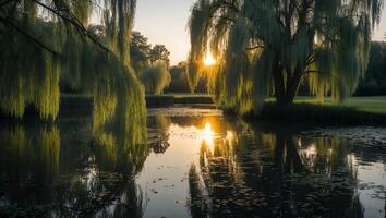 Willow Trees Reflecting in Pond at Sunset Creating Golden Light photo