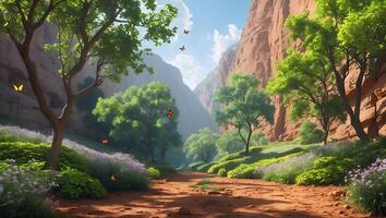 Hiking Trail Through Colorful Canyon with Trees and Flying Butterflies photo