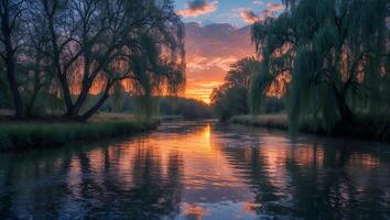 River Flowing Toward Sunset with Weeping Willows Reflecting Sunlight photo