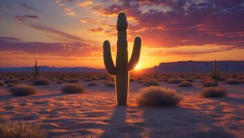 Saguaro Cactus Silhouette at Desert Sunset with Warm Hues photo