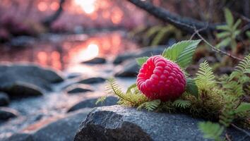 Raspberry on Rock Near Creek at Sunset Nature Still Life photo