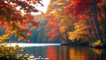 Fall Foliage by Lake with Colorful Trees Reflecting in Water photo