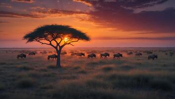 Animals Migrating on Grassy Savanna at Sunset Near Silhouette Tree photo
