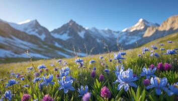 Blooming Wildflowers with Snow Capped Mountains Background Under Clear Sky photo