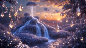 Enchanting Waterfall Landscape with Sparkling Crystals and Twilight Sky photo