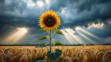 Sunflower Stands Tall in Grain Field Against a Dramatic Sky photo