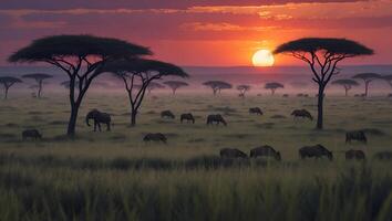 African Savannah Landscape at Sunset with Animals Grazing in Field photo