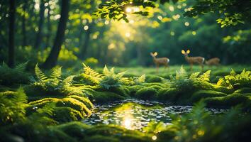 Deer Grazing in Forest Glade by Small Pond with Reflected Sunlight photo