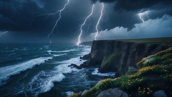 Lightning Strikes Over Ocean Cliffs with Waves and Dramatic Sky photo