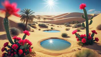 Desert Oasis Featuring Cactus Flowers and Calm Water Pools Under Sunlight photo