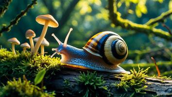 Snail Crawling on Log Surrounded by Mushrooms in Forest Scene photo