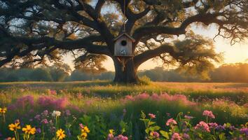 Large Tree with Birdhouse Standing in a Flower Field at Sunset photo