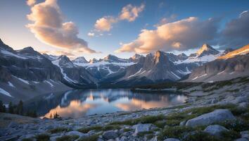 Calm Mountain Lake Reflecting Clouds and Peaks at Sunrise Landscape photo