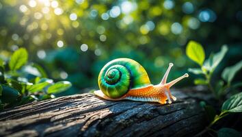 Snail Crawling on Log in Forest with Sunlight and Greenery photo