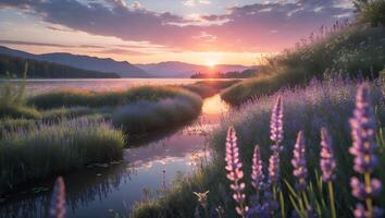 Lush Lavender Meadow by Still Water Reflecting Colorful Sunset Sky photo