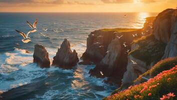 Seascape with Birds Flying Over Cliffs and Waves at Sunset photo