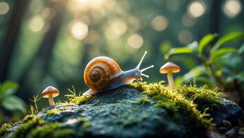 Snail Crawling on Mossy Rock with Mushroom in Forest Setting photo