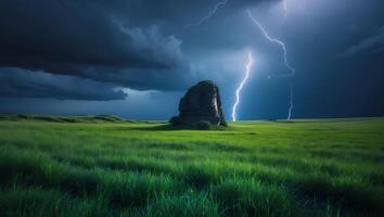 Dramatic Lightning Strikes Behind Rock Formation in Grassy Field at Night photo