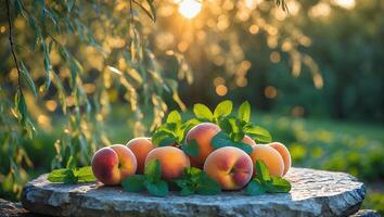 Peaches and Mint on Stone with Sunlit Greenery Background photo