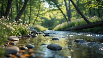 Flowing Stream Through Forest with Rocks and Wildflowers Scenery photo