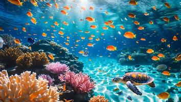 Turtle Swimming in Coral Reef with School of Fish Underwater photo