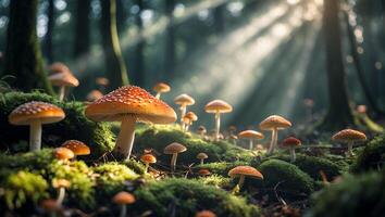 Mushroom Forest Sunlight Shines on Mossy Woodland Floor with Fungi photo