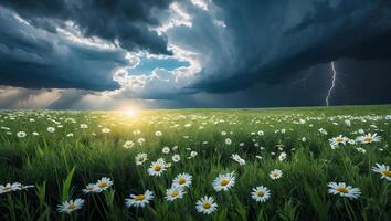 Daisy Field Under Dramatic Sky with Lightning and Sunlight Breaking Through photo
