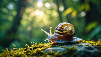 Snail Crawling on Mossy Rock in a Forest with Sunlight photo