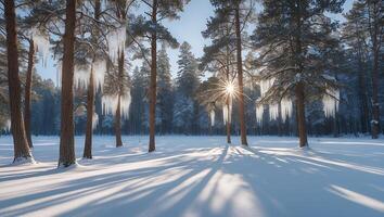 Winter Forest with Snow and Icicles Sun Shining Through Trees photo