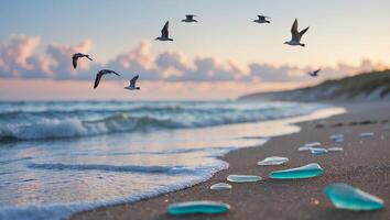 Seagulls Fly Over Beach with Sea Glass at Colorful Sunset photo