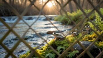 Frogs on Mossy Rock by Stream Glimpse Through Woven Fence photo
