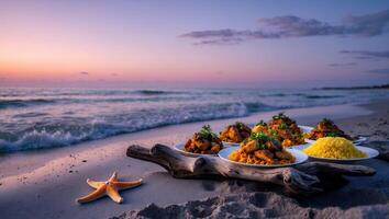 Gourmet Food Plates on Beach at Sunset with Starfish Decor photo