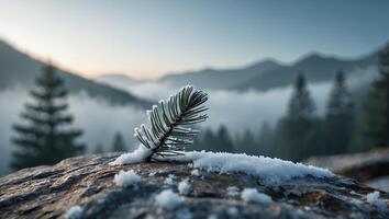 Icy Pine Needle on Snowy Rock with Mountain Forest Backdrop photo