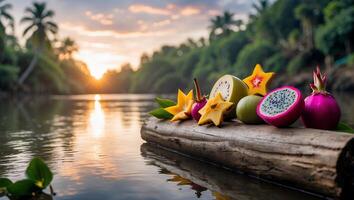 Exotic Fruits on Log at Sunset River with Tropical Trees photo