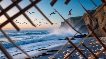 Seagulls Flying Over Ocean Waves Crashing on Beach Through Wooden Frame photo