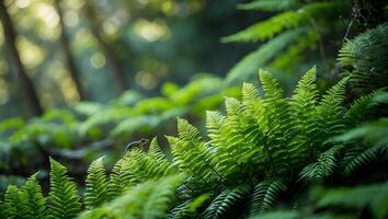 Ferns and Newt in Lush Forest Sunlight Glimmering Through Trees photo