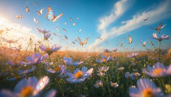 Flying Butterflies in Field of Flowers with a Bright Blue Sky photo