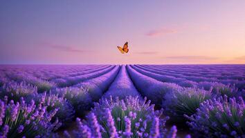 Butterfly Flying Over Lavender Field During Sunset with Soft Purple Sky photo
