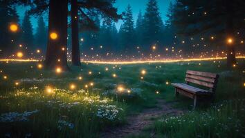 Bench in Magical Forest Glade with Fireflies at Twilight photo