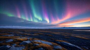 Observing Aurora Borealis Over Stark Landscape Under Starry Sky at Night photo
